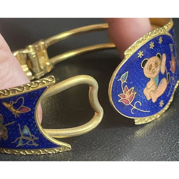 Vintage Cloisonne Hinged Bracelet Bangle Panda Floral Calla Lily Gold Tone - Picture 9 of 15